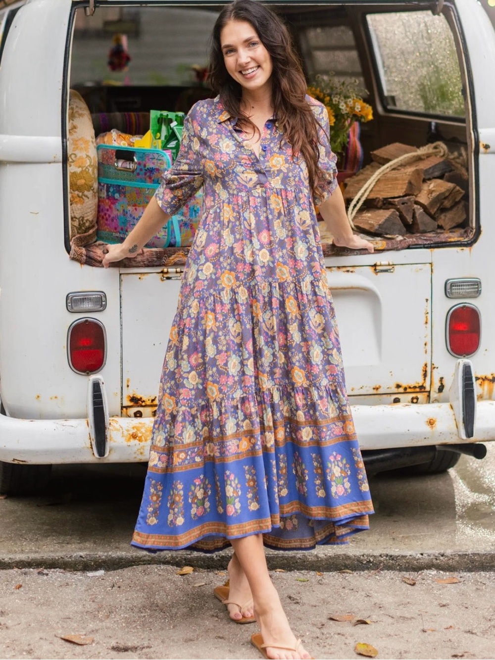 Natural Life Rebecca Midi Dress -Blue & Yellow Roses
